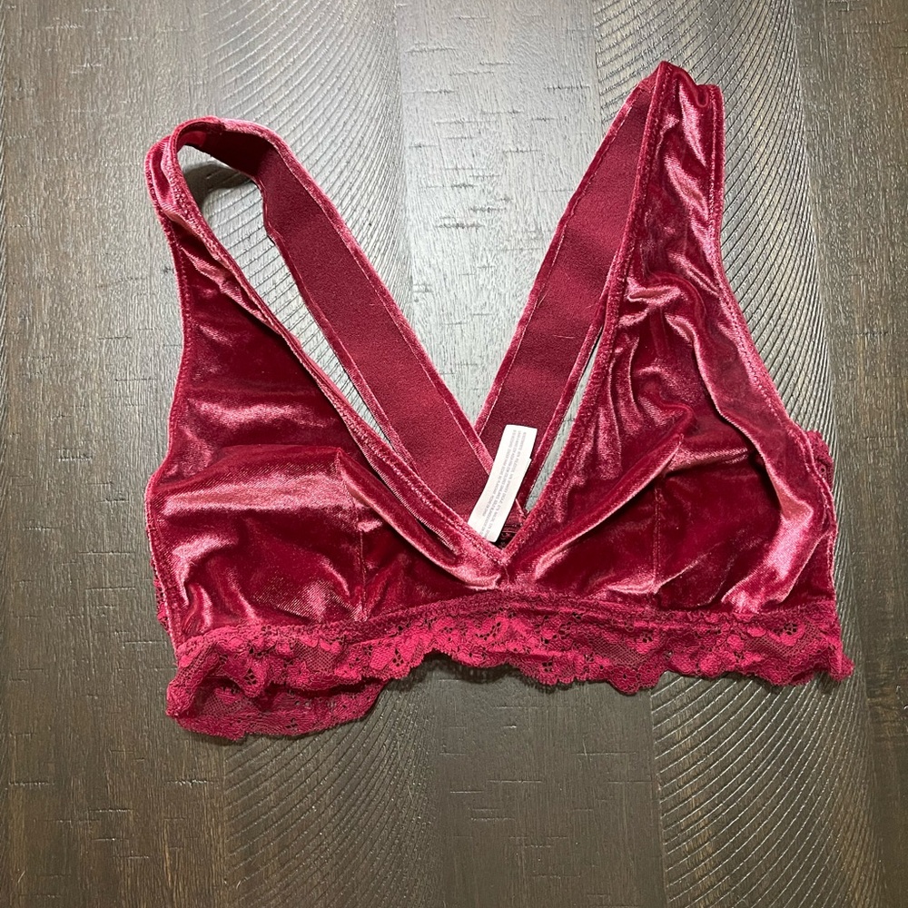 Velvet Lace Trim Bralette - Red
